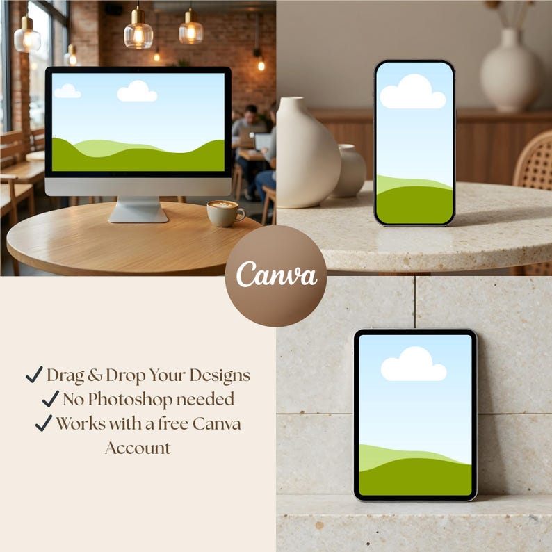 Neutral Canva device mockups with a monitor, phone and tablet