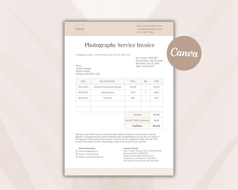 Rechnungsvorlage für Fotostudios — Produktvorschau