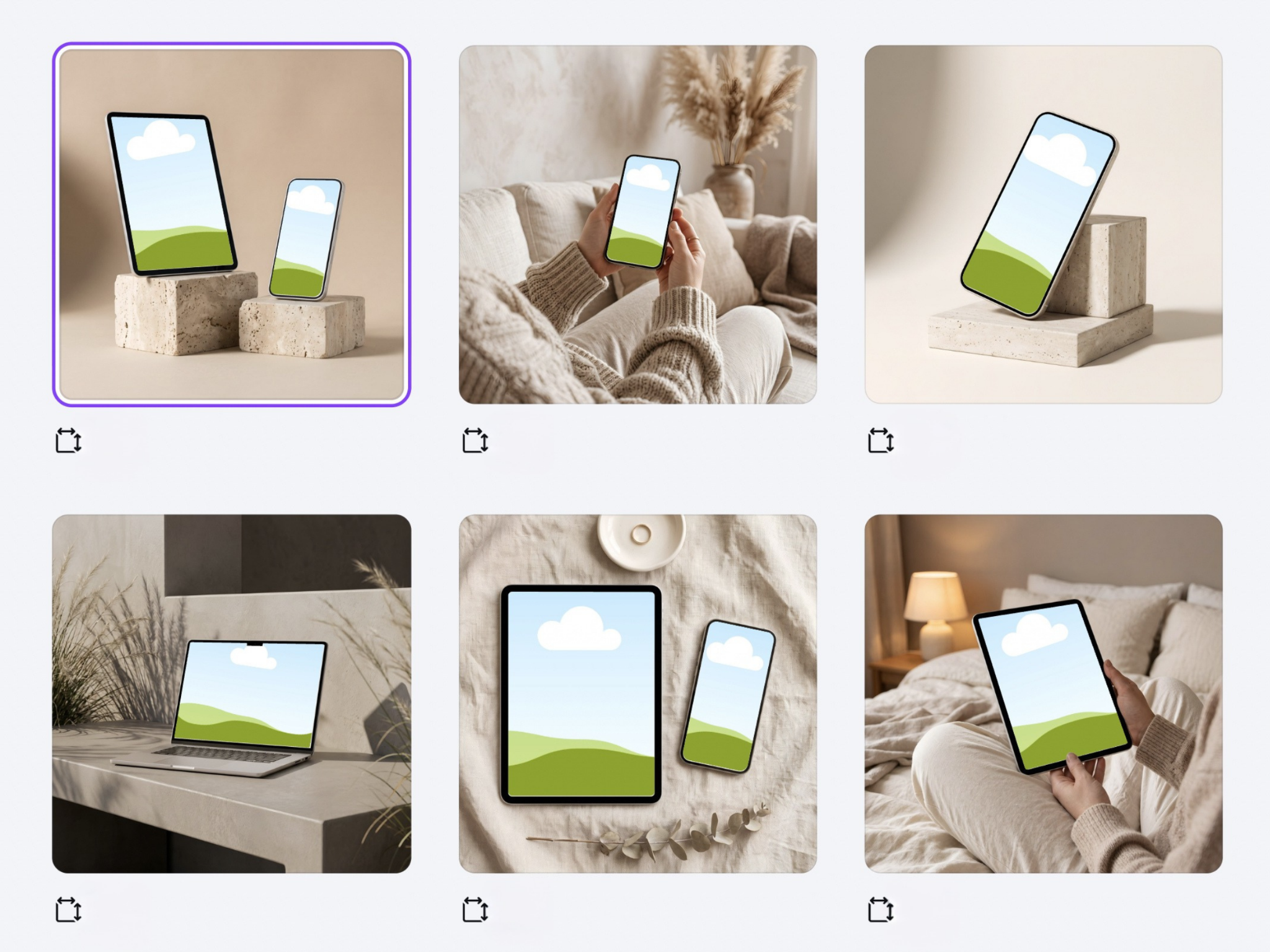 Screen Mockups examples: phones, tablets and a laptop with editable image placeholders