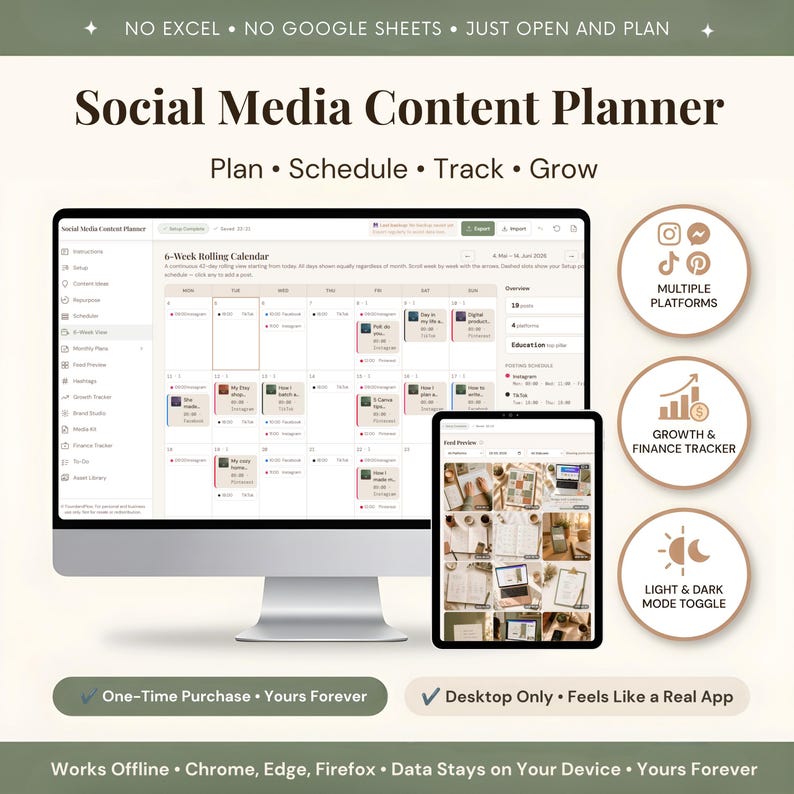 Social Media Planner preview with a content calendar and planning dashboard